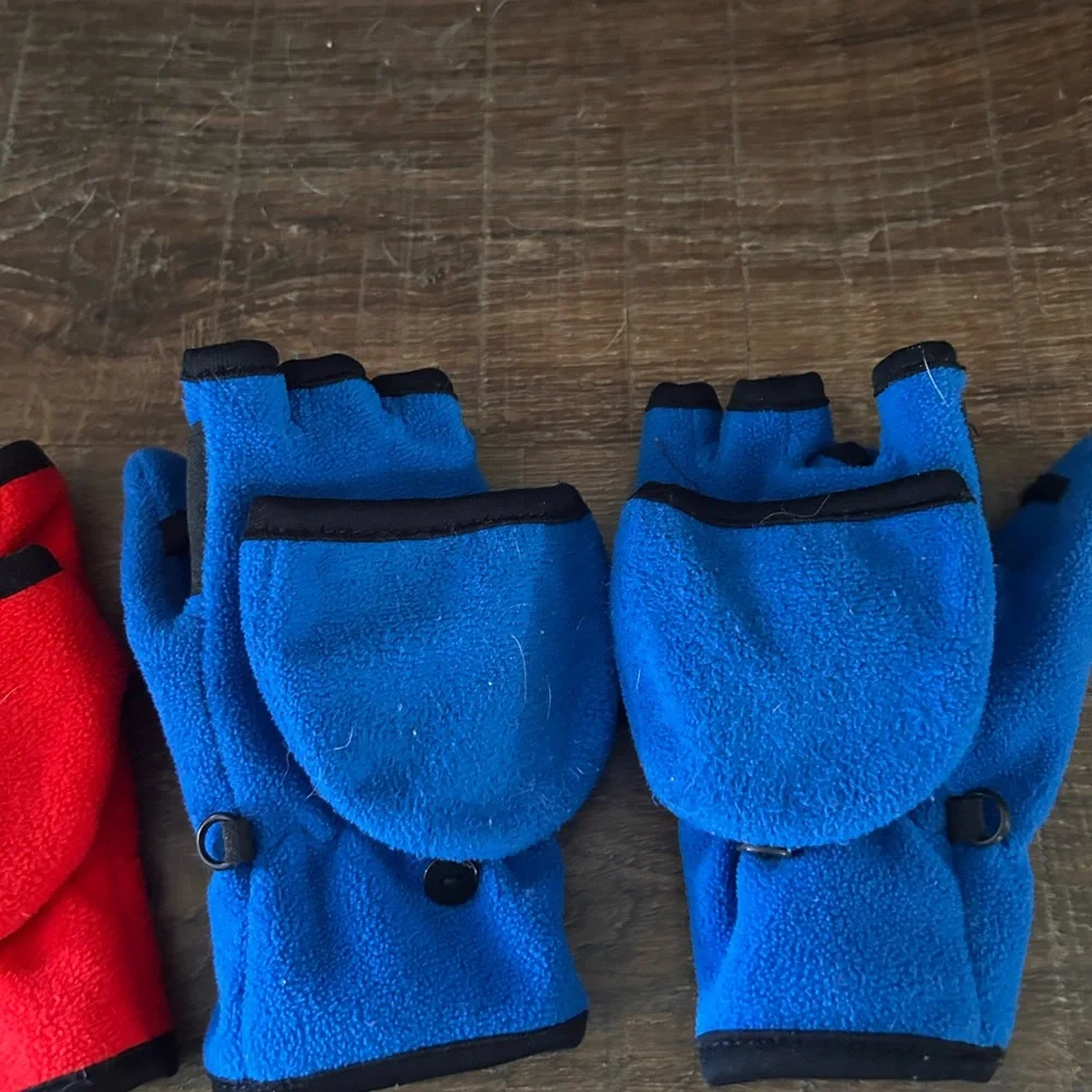 Kids Red and Blue convertible Fingerless mittens/ gloves - 2 pairs